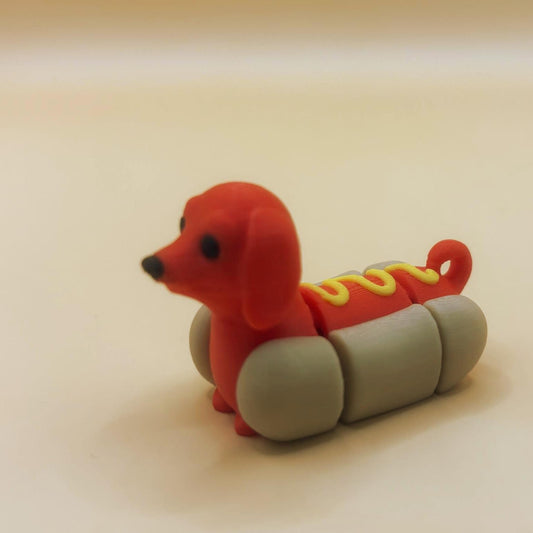 Dilly the Articulated Dachshund Dog in a Bun – Hot Dog Keychain or Magnet